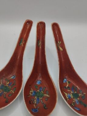 Vintage Set of 3 Red Floral Chinese Porcelain Soup Spoons